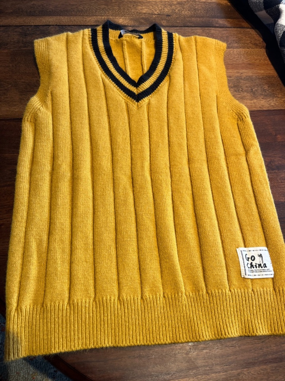 Mustard V-Neck Ribbed Sweater Vest with Contrast Trim